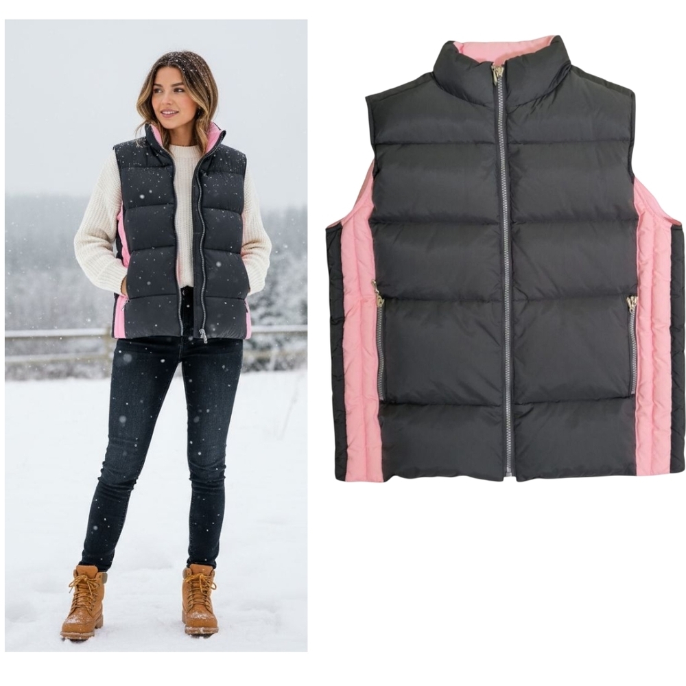Outdoor Exchange Down Filled Quilted Vest Wmn's Sz M Gray Pink Nylon Full Zip